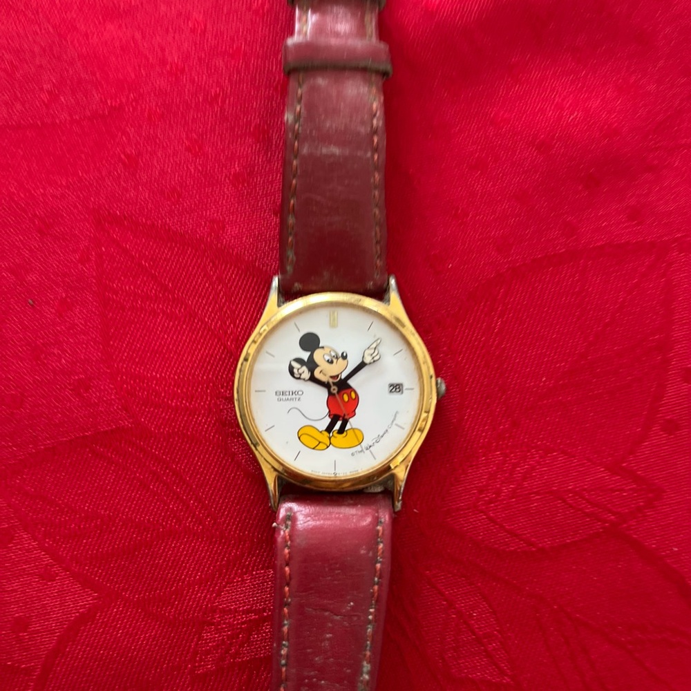 Seiko Gold Watch with Red Strap and Mickey Mouse Dial